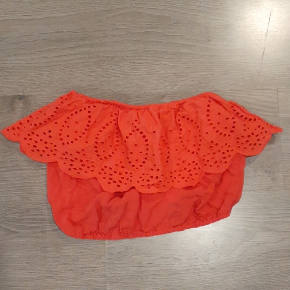 Abercrombie Strapless Ruffle Coral Red Crop